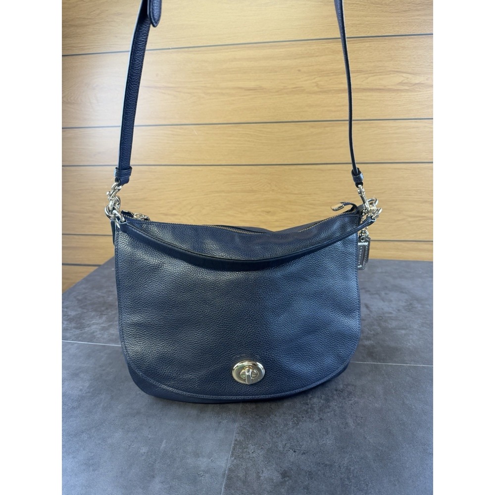 Coach New York Navy Pebbled Leather Turnlock Shoulder Hobo Hand Bag-CLEAN